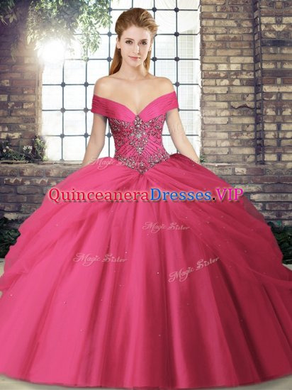 Colorful Hot Pink Ball Gown Prom Dress Tulle Brush Train Sleeveless Beading and Pick Ups - Click Image to Close