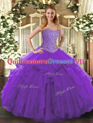 Sleeveless Floor Length Beading and Ruffles Lace Up Quinceanera Dresses with Purple