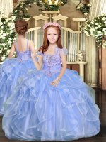 Floor Length Lace Up Pageant Dresses Blue for Party and Sweet 16 and Wedding Party with Beading
