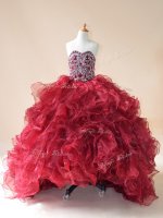 Popular Organza Sweetheart Sleeveless Brush Train Lace Up Beading and Ruffles Kids Pageant Dress in Wine Red