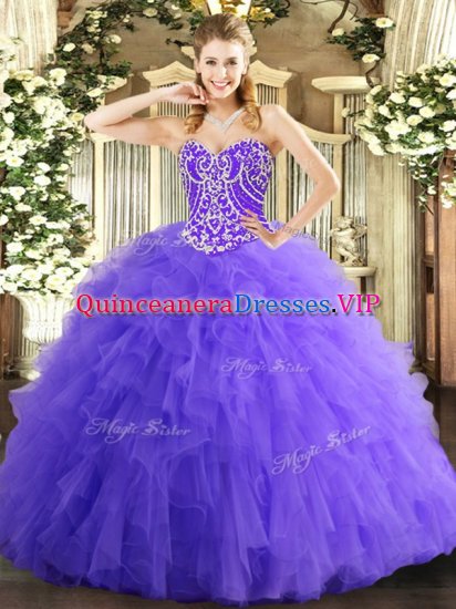 Sweetheart Sleeveless Quince Ball Gowns Floor Length Beading and Ruffles Lavender Tulle - Click Image to Close