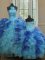 Luxurious Strapless Sleeveless Lace Up Vestidos de Quinceanera Blue Organza