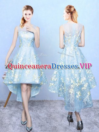 Noble Aqua Blue Sleeveless High Low Embroidery Zipper Vestidos de Damas