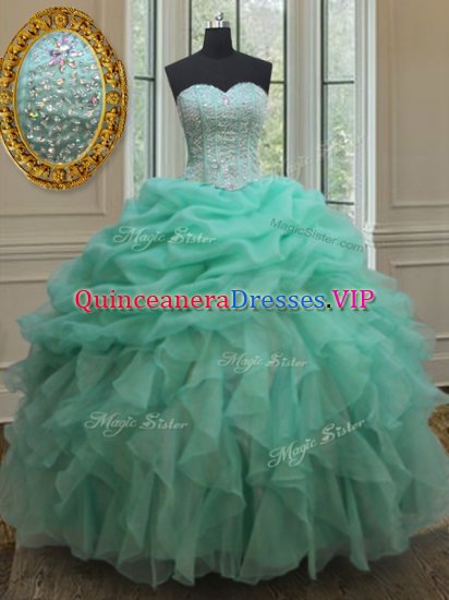 Wonderful Apple Green Organza Lace Up Womens Party Dresses Sleeveless Floor Length Beading and Ruffles and Pick Ups - Click Image to Close