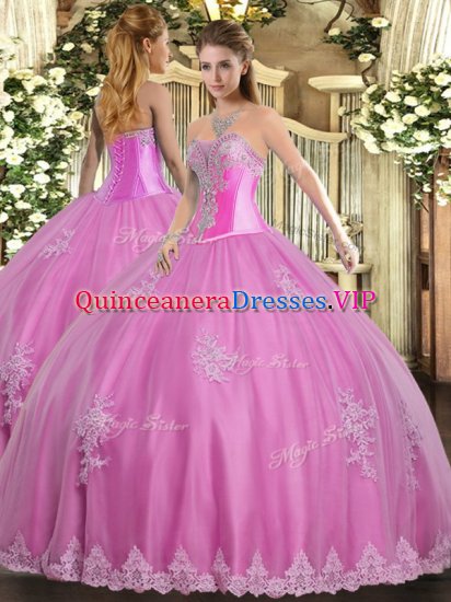 Rose Pink Sweet 16 Dress Military Ball and Sweet 16 and Quinceanera with Beading and Appliques Sweetheart Sleeveless Lace Up - Click Image to Close