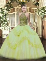 Extravagant Halter Top Sleeveless Lace Up 15 Quinceanera Dress Light Yellow Tulle