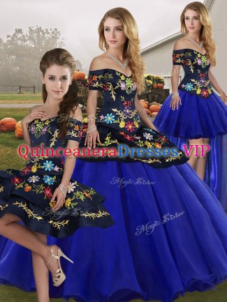 Tulle Off The Shoulder Sleeveless Lace Up Embroidery Sweet 16 Dresses in Royal Blue