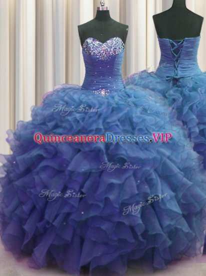 High Class Beaded Bust Blue Lace Up Sweetheart Beading and Ruffles Sweet 16 Dress Organza Sleeveless - Click Image to Close