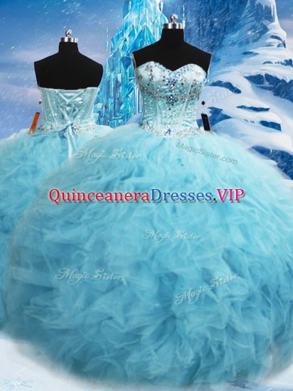 Floor Length Aqua Blue Vestidos de Quinceanera Tulle Sleeveless Beading and Pick Ups - Click Image to Close