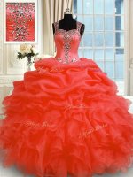 Red Zipper Straps Beading and Ruffles Sweet 16 Dresses Organza Sleeveless