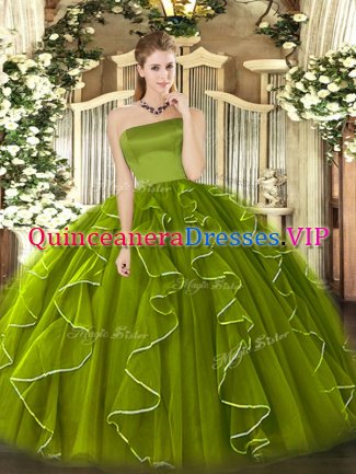 Chic Olive Green Tulle Zipper Strapless Sleeveless Floor Length Quinceanera Dresses Ruffles