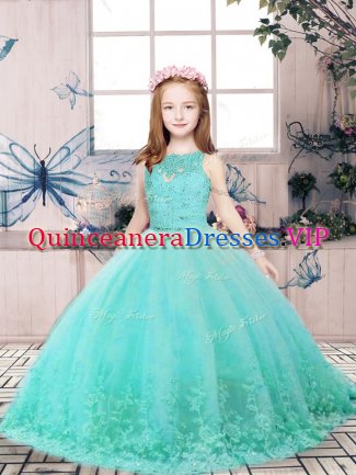Sleeveless Backless Floor Length Lace and Appliques Little Girls Pageant Dress