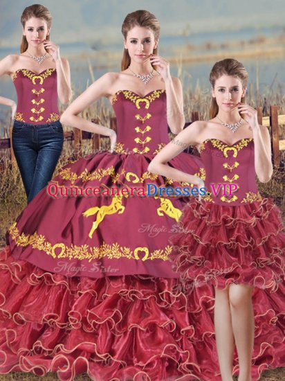 Sleeveless Satin and Organza Brush Train Lace Up Ball Gown Prom Dress in Burgundy with Embroidery and Ruffles - Click Image to Close