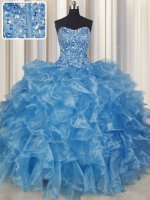 Deluxe Visible Boning Strapless Sleeveless Lace Up Quinceanera Gown Baby Blue Organza