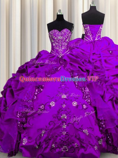 Sequins Sleeveless Taffeta Floor Length Lace Up Ball Gown Prom Dress in Purple with Beading and Embroidery and Ruffles - Click Image to Close