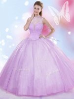 Adorable Floor Length Lavender Quinceanera Gown High-neck Sleeveless Lace Up