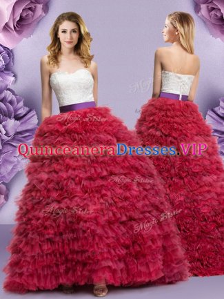 Ruffled Floor Length Wine Red 15 Quinceanera Dress Sweetheart Sleeveless Lace Up