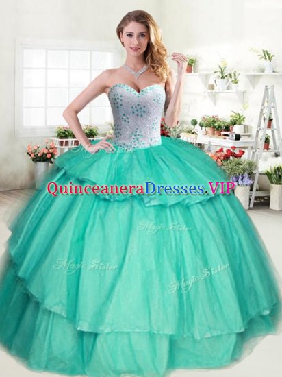 Suitable Apple Green Tulle Lace Up Sweetheart Sleeveless Floor Length Sweet 16 Quinceanera Dress Beading and Ruffled Layers - Click Image to Close