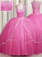 Zipper Up Rose Pink Ball Gowns Tulle Sweetheart Cap Sleeves Beading and Appliques With Train Zipper Military Ball Gowns Brush Train