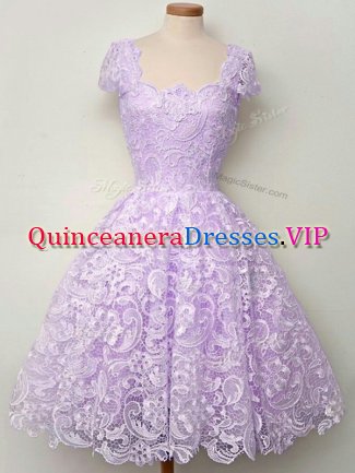 Super Lace Straps Cap Sleeves Lace Up Lace Dama Dress in Lavender