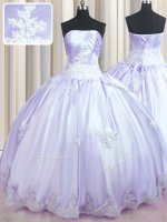 Sumptuous Strapless Sleeveless Ball Gown Prom Dress Floor Length Beading and Appliques Lavender Taffeta