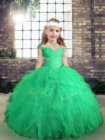 Straps Long Sleeves Tulle Kids Pageant Dress Beading and Ruffles Lace Up