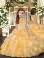 Ball Gowns Little Girls Pageant Dress Gold Halter Top Organza Sleeveless Floor Length Backless(SKU PAG1151BIZ)