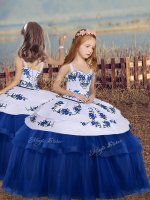 Sleeveless Tulle Floor Length Lace Up Little Girl Pageant Gowns in Blue with Embroidery