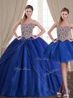 Pretty Three Piece Royal Blue Ball Gowns Tulle Sweetheart Sleeveless Beading Floor Length Lace Up Military Ball Dresses For Women