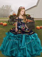 Teal Ball Gowns Straps Sleeveless Organza Floor Length Lace Up Embroidery and Ruffles Child Pageant Dress