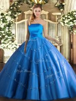 Blue Lace Up Vestidos de Quinceanera Appliques Sleeveless Floor Length(SKU SJQDDT1595002-2BIZ)