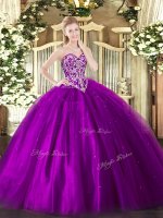 Eggplant Purple Sleeveless Floor Length Beading Lace Up 15th Birthday Dress
