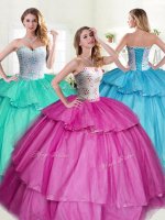 Graceful Sleeveless Tulle Floor Length Lace Up Vestidos de Quinceanera in Fuchsia with Beading and Ruffled Layers