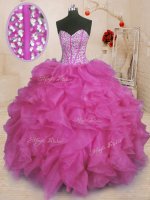 Fuchsia Sweetheart Lace Up Beading and Ruffles Sweet 16 Dress Sleeveless
