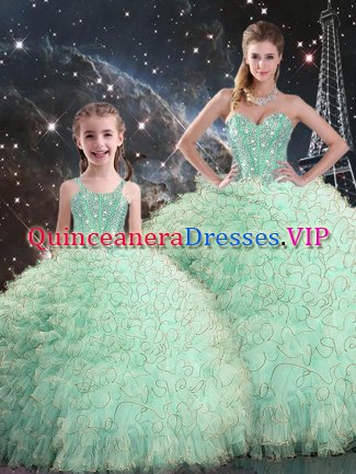 New Arrival Floor Length Apple Green Sweet 16 Quinceanera Dress Organza Sleeveless Beading and Ruffles