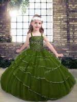 Trendy Olive Green Ball Gowns Beading and Ruffled Layers Little Girls Pageant Dress Lace Up Tulle Sleeveless Floor Length(SKU PAG1241-6BIZ)