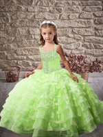 Fashion Organza Lace Up High School Pageant Dress Sleeveless Brush Train Beading and Ruffled Layers