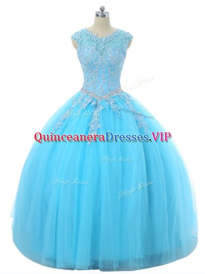 Custom Designed Tulle Scoop Sleeveless Lace Up Appliques 15th Birthday Dress in Aqua Blue - Click Image to Close