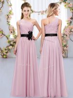 Pink Chiffon Zipper Vestidos de Damas Sleeveless Floor Length Belt