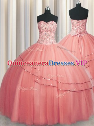 Visible Boning Puffy Skirt Sleeveless Beading Lace Up Quinceanera Dresses