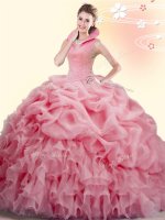 High-neck Sleeveless Organza Military Ball Dresses Beading and Ruffles and Pick Ups Brush Train Backless(SKU SJQDDT829002-2BIZ)