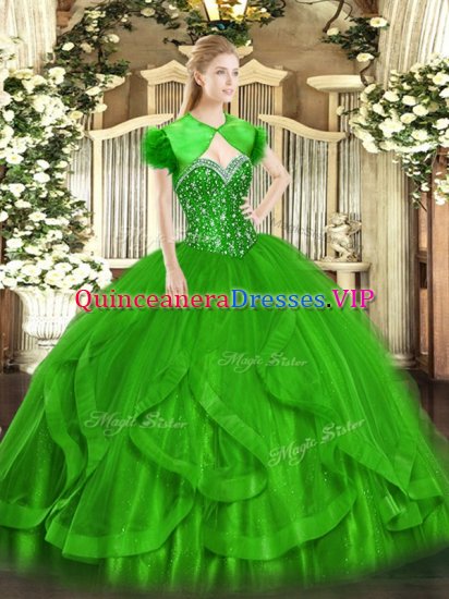 Popular Green Ball Gowns Beading and Ruffles Quinceanera Dress Lace Up Tulle Sleeveless Floor Length - Click Image to Close