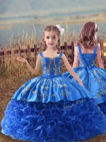 Stunning Blue Straps Lace Up Embroidery Pageant Dress Wholesale Sweep Train Sleeveless