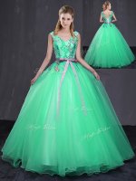 Wonderful Tulle V-neck Sleeveless Lace Up Appliques and Belt Quinceanera Gowns in Turquoise