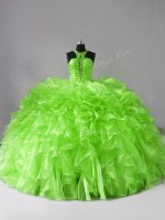 Ball Gowns Organza Halter Top Sleeveless Beading and Ruffles Zipper 15 Quinceanera Dress Brush Train