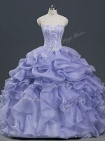 High Quality Lavender Sleeveless Floor Length Beading and Ruffles and Pick Ups Lace Up Quinceanera Dress