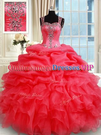 Sumptuous Pick Ups Straps Sleeveless Zipper Sweet 16 Quinceanera Dress Coral Red Organza
