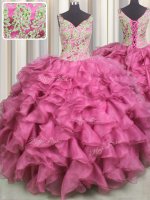 Sexy V Neck Sleeveless Organza Floor Length Lace Up Quince Ball Gowns in Rose Pink with Beading and Ruffles(SKU PSSW0589-2BIZ)