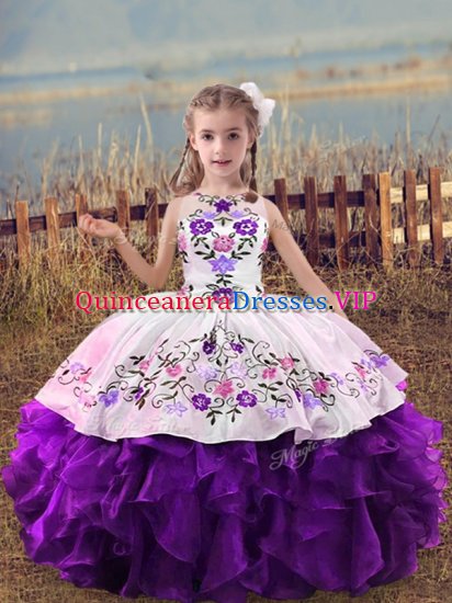 Embroidery and Ruffles Kids Formal Wear Purple Lace Up Sleeveless Floor Length - Click Image to Close