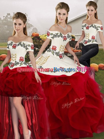 White And Red Sleeveless Floor Length Embroidery and Ruffles Lace Up Sweet 16 Dress - Click Image to Close